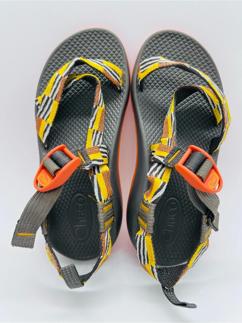 Chaco Kids Z1 Ecotread Sandals in Black, Orange, Yellow Checkerboard Size 3